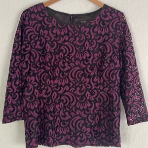 Alex Marie Purple Black Lace Jacquard Top Holiday Dark Goth Fall Cut Out Size XL
